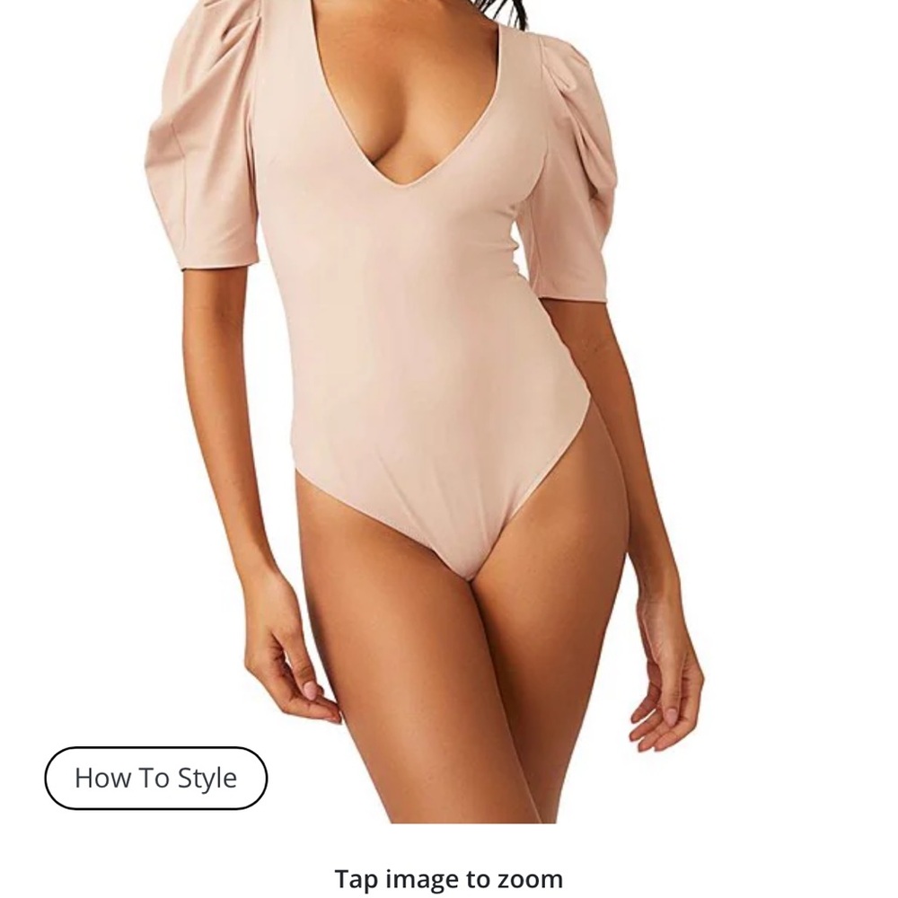 Free People Women’s Va Va Voop Deep V Neck Short Ruched Puffed Sleeves Bodysuit
